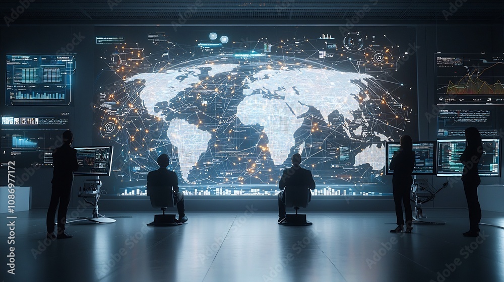Aufkleber Silhouetted figures standing in a futuristic setting observing an expansive digital global network with interconnected nodes and floating 3D data visualization charts