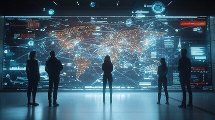 Silhouetted figures standing in a futuristic setting observing a global digital network with interconnected nodes and floating 3D charts and data visualizations representing the concept of technology