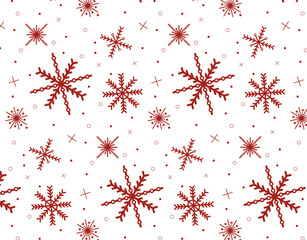 Seamless pattern of red snowflakes in various different shapes on white backgrround for Chistmas, New Year, posters, greeting cards, packaging, wrapping papers