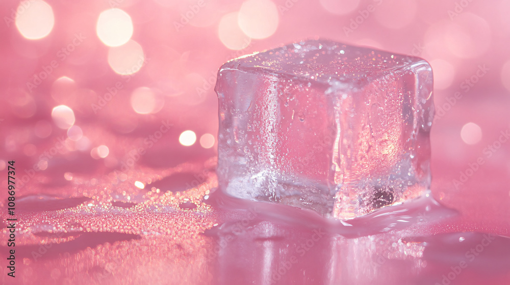 Poster a close-up of a clear ice cube resting on a soft pink surface, reflecting light and creating a delic