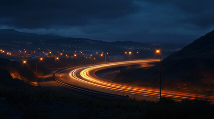 A nighttime landscape capturing a winding road illuminated by streetlights and vehicle headlights, creating a dynamic light trail effect for travel photography.