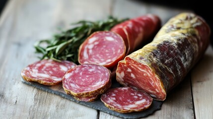 Assortment of Sliced Salami and Cured Meat, Rustic Charcuterie Selection With Rosemary Sprigs
