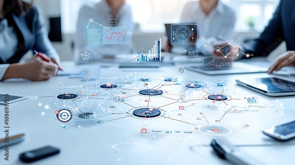 Poster Silhouettes of business professionals viewing a global network of interconnected digital nodes with floating 3D charts and analytical tools