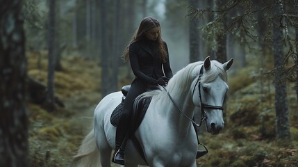 Fototapeta premium Woman riding a white horse through a misty forest.
