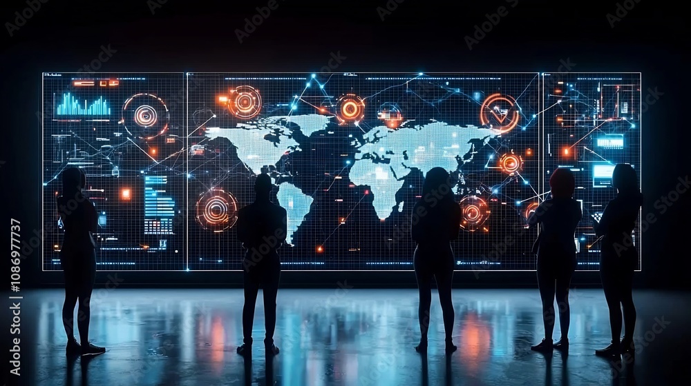 Poster Silhouette figures standing in front of a global technology network with 3D data nodes graphs and visualizations representing advanced data analysis intelligence and insights