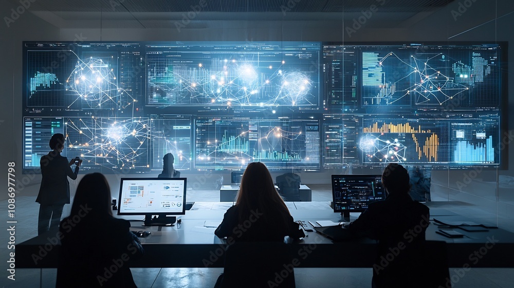 Aufkleber Silhouetted people examining a futuristic communication network with floating graphs and 3D interactive analysis tools