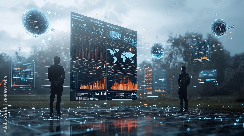 Poster Silhouetted figures standing in a minimalist futuristic landscape surrounded by a global tech network floating 3D data nodes and digital charts and graphs showcasing data analytics and intelligence