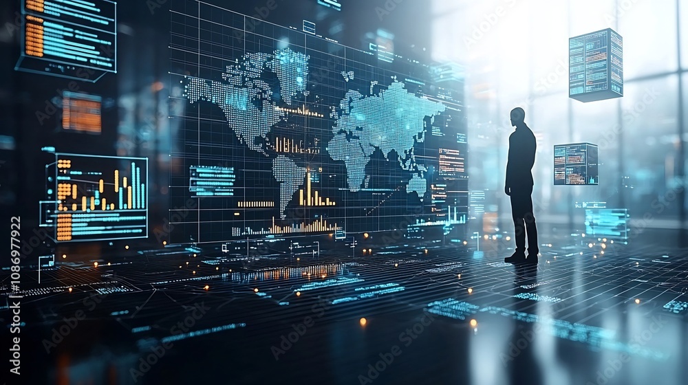 Aufkleber Silhouetted human figures standing in front of a global tech network surrounded by floating 3D data nodes digital charts and other futuristic data visualization elements