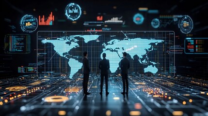 Silhouettes of business leaders standing in front of a global tech network surrounded by floating 3D data nodes and digital charts
