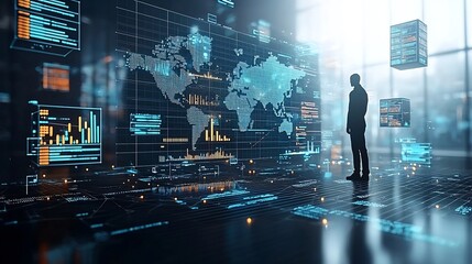 Silhouetted human figures standing in front of a global tech network surrounded by floating 3D data nodes digital charts and other futuristic data visualization elements