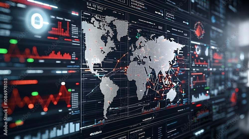 Aufkleber Silhouetted figures observing a global business network with interconnected nodes 3D data charts and modern analysis tools for strategic decision making and corporate planning