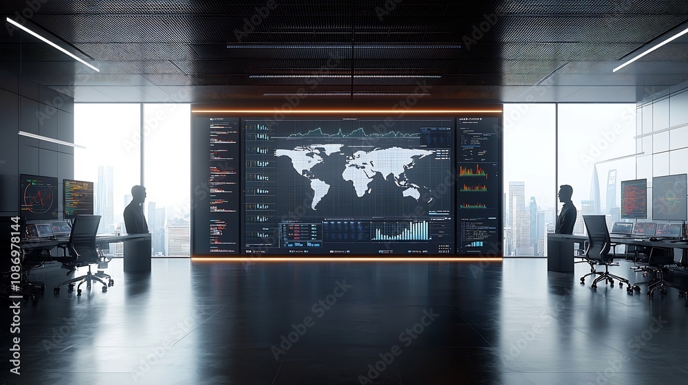 Poster Silhouettes of business executives or analysts facing a dynamic digital global network with floating 3D data nodes and interactive analysis graphics in a modern office or technology setting