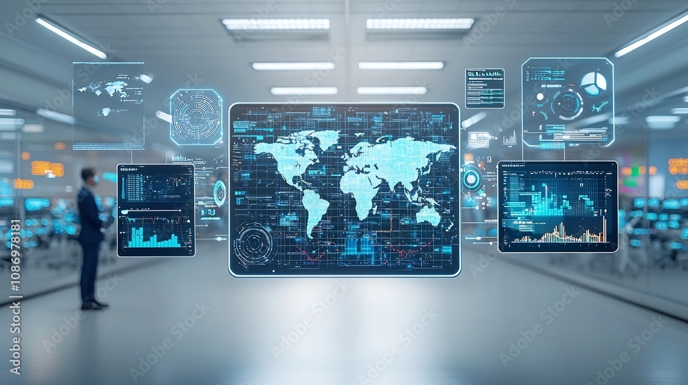 Aufkleber Silhouetted figures facing a digital global network with floating 3D data nodes and interactive analysis graphics in a modern high tech setting  The image represents the of technology data