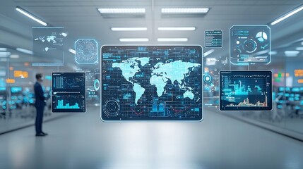 Silhouetted figures facing a digital global network with floating 3D data nodes and interactive analysis graphics in a modern high tech setting  The image represents the of technology data