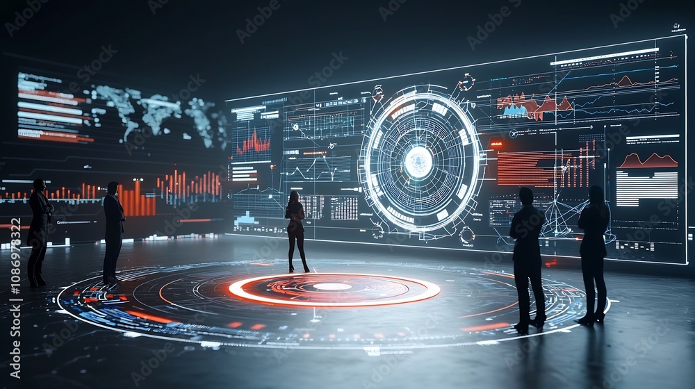 Aufkleber Silhouettes of People Observing a Futuristic Network of Interconnected Nodes Surrounded by 3D Charts and Analytical Tools for Digital Data Visualization and Business Intelligence