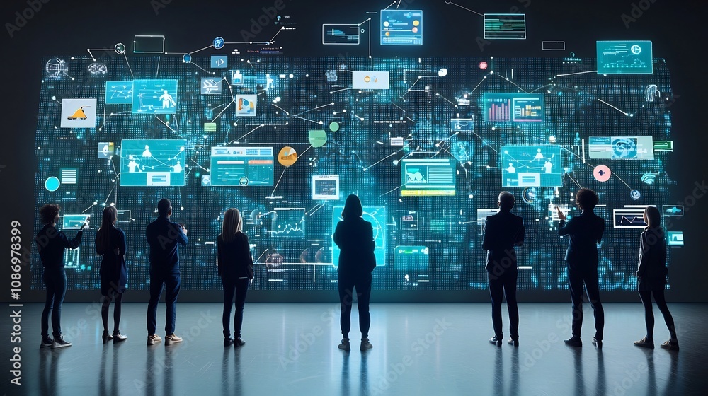 Poster Silhouetted figures standing before a global communications network with floating 3D data and digital tools representing the interconnected technological world of modern business and communication