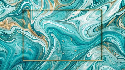 Abstract Teal and Gold Swirling Marble Texture with a Golden Frame