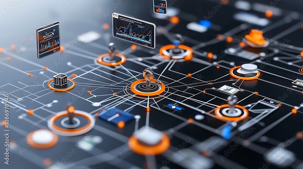 Aufkleber Silhouettes of executives or professionals observing a digital network with 3D business analytics graphs floating interactive data visualization tools and interconnected nodes representing strategy