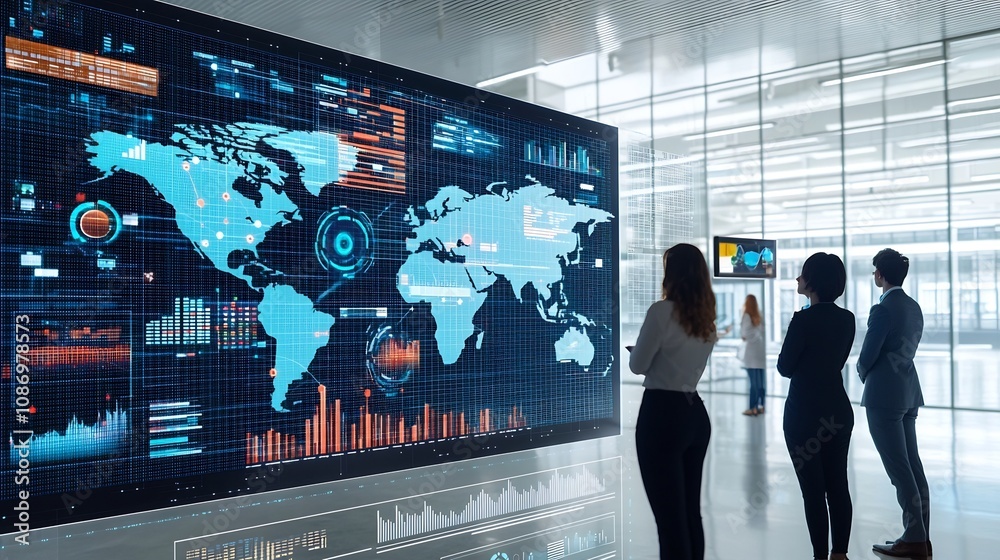 Fototapete Silhouettes of businesspeople monitoring a global business network with interactive 3D data charts and digital analysis tools for finance strategy and market intelligence