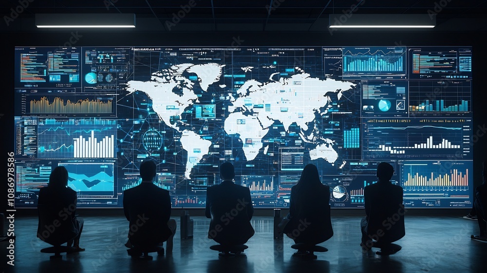 Fototapete Silhouetted business professionals watching a global business network surrounded by 3D data charts and digital interactive analysis tools