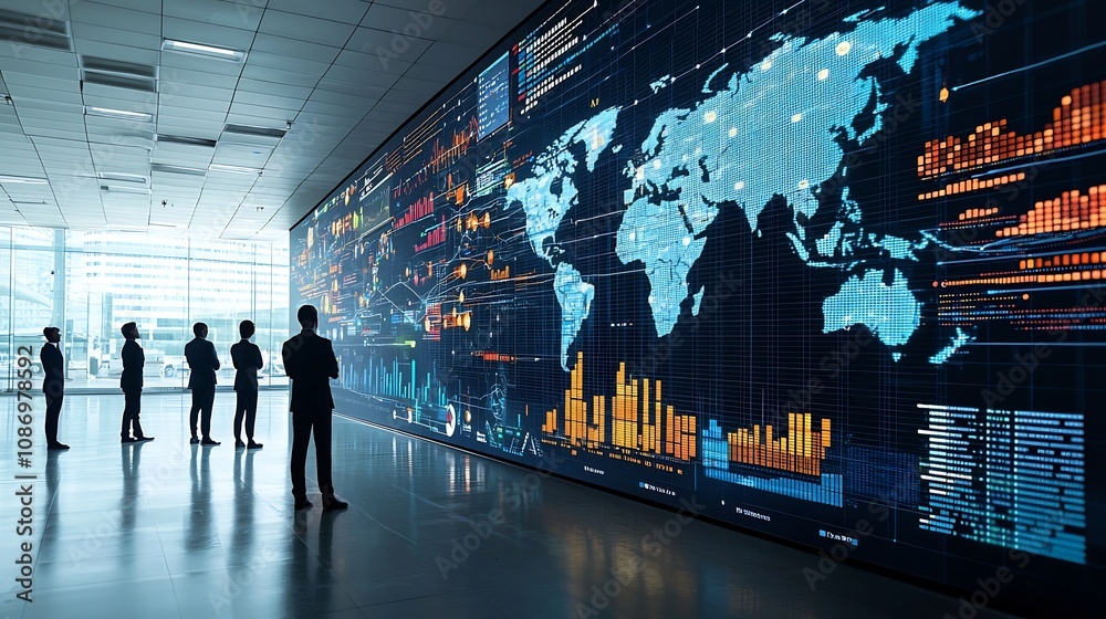 Poster Silhouettes of business professionals observing a global financial network surrounded by 3D data charts digital interactive analysis tools and information visualization displays