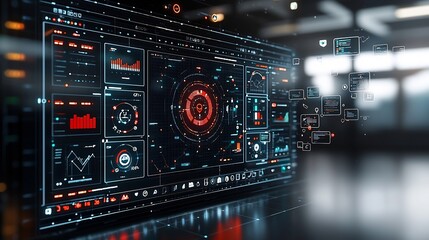 Obraz premium Silhouettes of people observing a complex digital network with business nodes 3D graphs and floating interactive analysis tools for data visualization and strategic insights