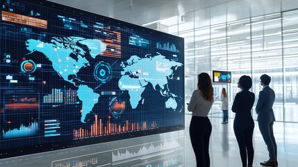 Silhouettes of businesspeople monitoring a global business network with interactive 3D data charts and digital analysis tools for finance strategy and market intelligence
