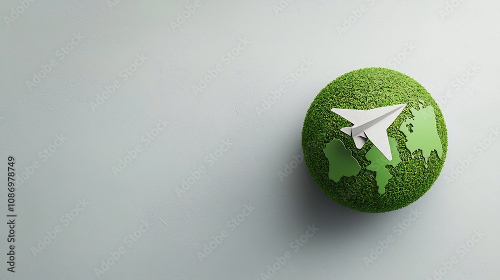 Aufkleber a paper airplane gracefully circling a large green globe symbolizing alternative energy sources and 