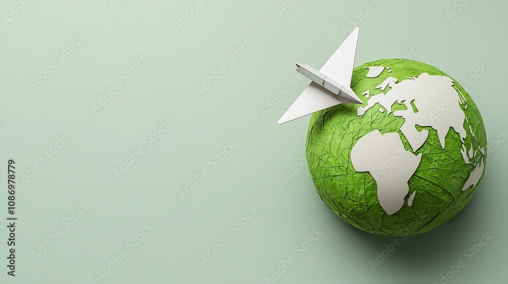 Aufkleber graceful paper airplane gently circling a large green globe symbolizing alternative energy and susta