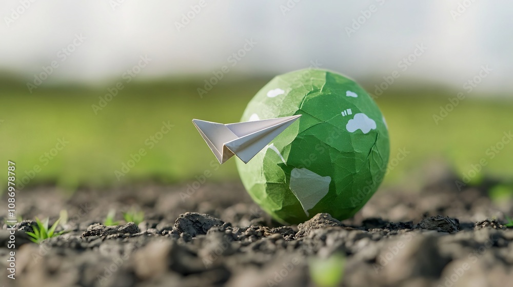Poster a paper airplane gracefully navigating the skies around a lush verdant globe symbolizing the potenti