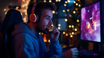 A focused young man with headphones sits at his computer, immersed in a vibrant video game displayed on a large monitor