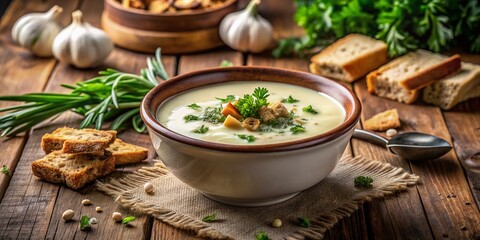 Creamy Vegetable Soup Garnished with Fresh Herbs and Crispy Crackers on Rustic Wooden Table - Perfect for Cozy Meals and Seasonal Dishes