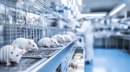 Laboratory mice in research setting, exploring the ethical and scientific boundaries of medical advancements through animal experimentation.