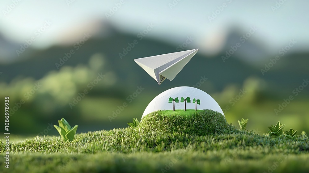 Aufkleber close up view of a paper airplane gracefully soaring around a lush green earth symbolizing renewable