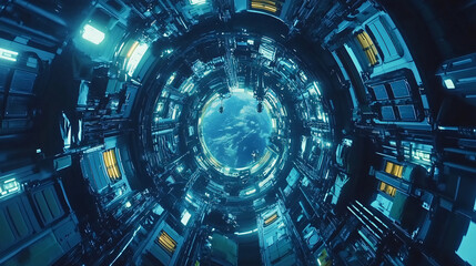 Obraz premium A futuristic view of a space station corridor, showcasing intricate technological details and a view of Earth through a circular window for sci-fi themes.
