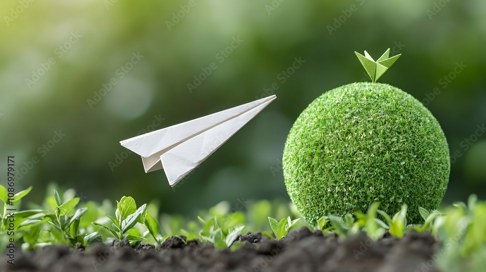 Aufkleber closeup of a paper plane orbiting a green earth symbolizing alternative energy sources and environme
