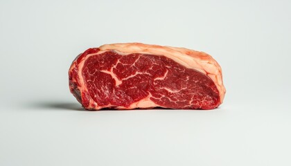 Fototapeta premium A fresh cut of ribeye steak showcasing rich marbling, perfect for grilling or roasting, highlighting premium quality beef.