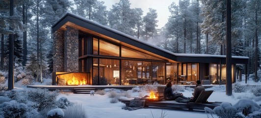 Fototapeta premium Cozy Winter Escape: Modern Cabin in Snowy Forest