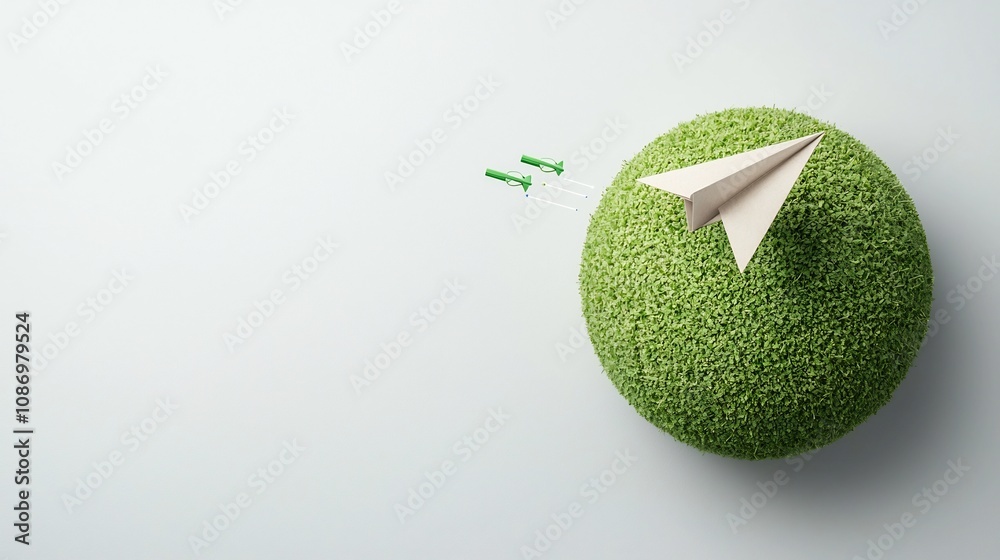 Aufkleber paper airplane in graceful flight around a large green globe symbolizing clean energy and renewable 