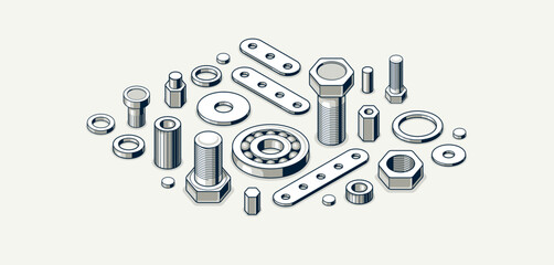 Mechanical engineering concept, gears and cogs composition isometric 3D vector illustration, cogwheels system technology and technics machinery engine.