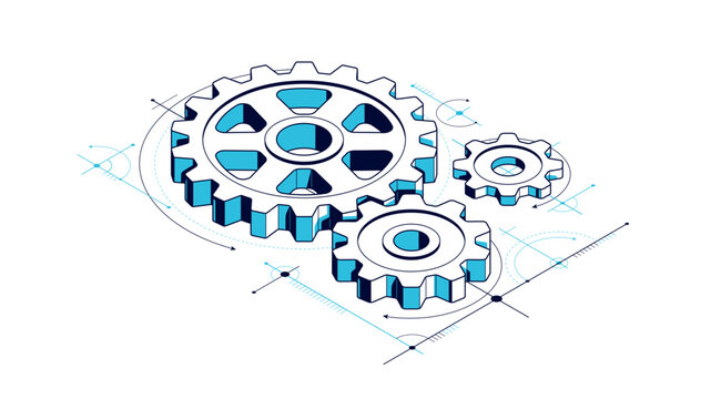 Invention renovation and development concept, gears and cogs with cad engineering drawing isometric 3D vector illustration, technology theme, machinery and engine creation.