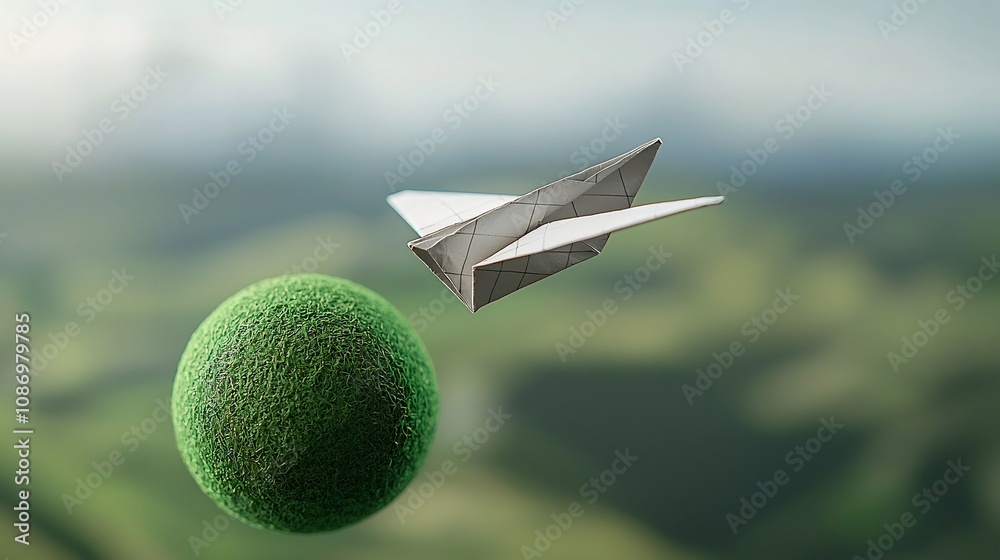 Poster Close up view of a paper airplane gracefully orbiting a vibrant green planet symbolizing the potential of alternative energy solutions and environmental technology to create a more sustainable future