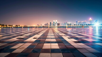 Obraz premium Empty square floor with city skyline background, City skyline with hot air balloons, urban balloon festival