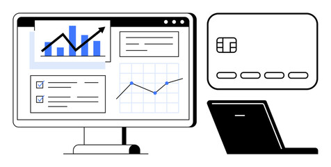 Computer screen displaying data analytics, credit card, and a laptop emphasizes online banking. Ideal for fintech, finance, analytics, personal finance, digital transactions, online security