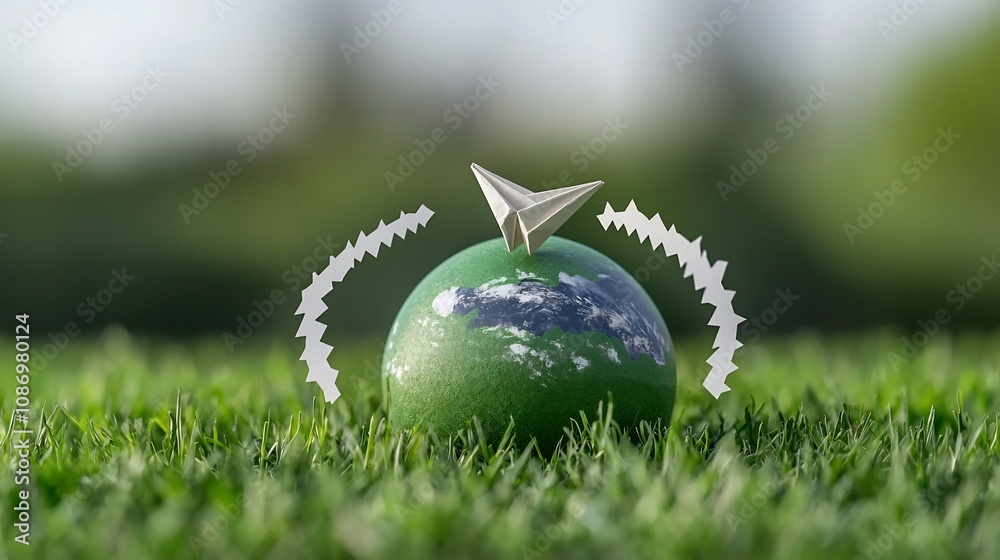 Aufkleber graceful paper airplane elegantly circling a large green globe symbolizing the promotion of eco frie