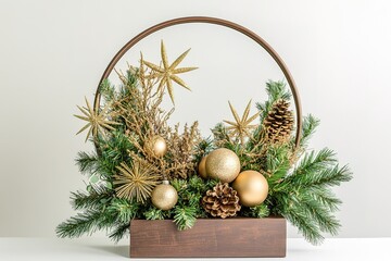 Christmas table centerpiece decoration, simple, with small pine cones and ball ornaments, on top of greenery arches and gold stars hanging from the center on an iron circle frame