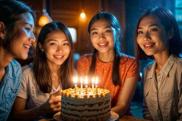 Fototapeta premium Four Asian women are smiling and holding a cake with candles on it. The candles are lit, and the women are celebrating a birthday