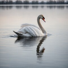 Naklejka premium A graceful swan floating on a calm lake with a white background.