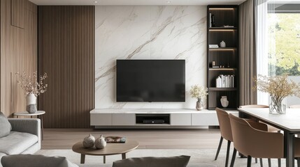 Modern Living Room with TV and Marble Wall