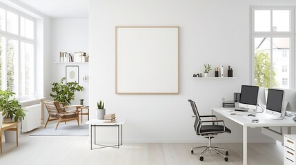 Cozy Living Room with Wall Poster Mockup and Aerial View of Neatly Arranged Office Workspace with Computers